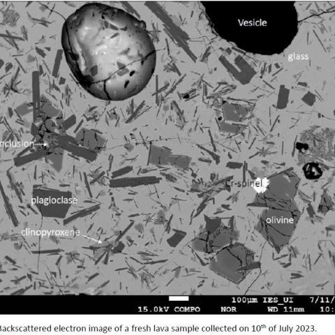 Fig.1: Backscattered electron image of a fresh lava sample collected on 10th of July 2023.
